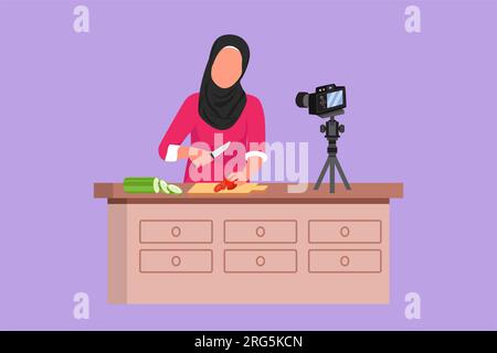 Flatzeichenblogger mit Figuren. Koch kocht, nimmt Video mit der Kamera auf. Online-Kanal, Streaming. Eine Araberin lehrt das Kochen eines neuen Rezepts. Stockfoto