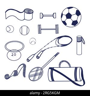 Abbildungssatz. Sportausrüstung - Tennisschläger, Kurzhanteln, Tasche, Bälle, Springseil, Waage, Wasserflasche, Kugelhantel in Vektor auf einer Tablette gezeichnet Stock Vektor
