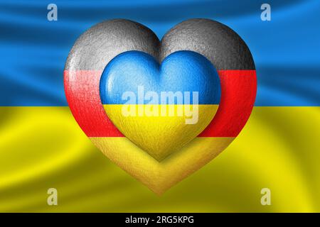 Flaggen der Ukraine und Deutschlands. Zwei Herzen in den Farben der Flaggen auf dem Hintergrund der Flagge der Ukraine. Konzept für Schutz, Solidarität und Hilfe. Stockfoto