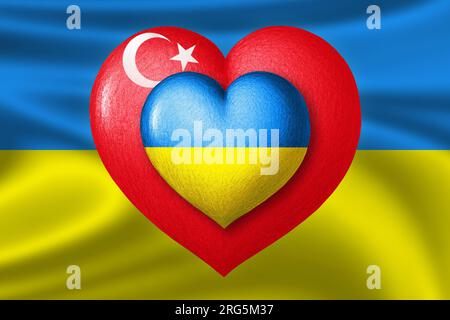 Flaggen der Ukraine und der Türkei. Zwei Herzen in den Farben der Flaggen auf dem Hintergrund der Flagge der Ukraine. Konzept für Schutz, Solidarität und Hilfe. Stockfoto