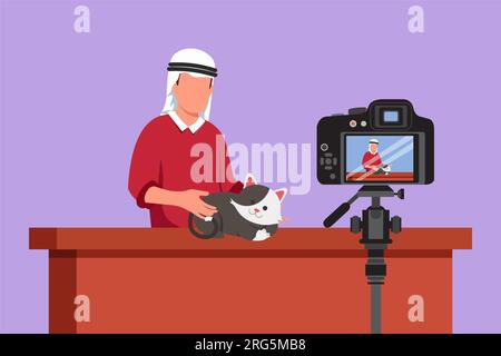 Flaches Grafikdesign, das einen jungen arabischen Teenager-Blogger malt. Ein arabischer Junge mit einer Katze, die ein Video auf der Kamera aufnimmt. Hobbys und Freizeit, Bloggen über pe Stockfoto