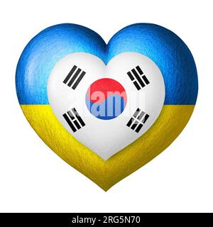 Zwei Flaggen. Flaggen der Ukraine und Südkoreas. Zwei Herzen in den Farben der Flaggen isoliert auf weißem Hintergrund. Schutzkonzept, Solidaritätskonzept, Stockfoto