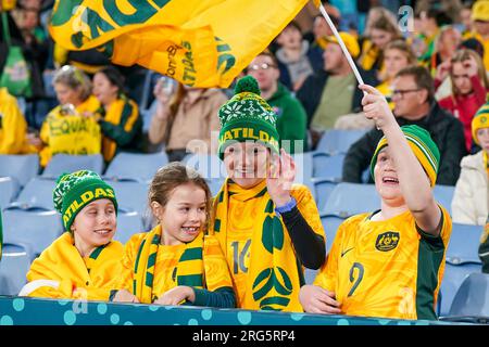 Sydney, Australien. 07. Aug. 2023. Sydney, Australien, August 7. 2023: Australische Fans während des FIFA Womens World Cup 2023 Runde 16 Fußballspiels zwischen Australien und Dänemark im Stadium Australia in Sydney, Australien. (Daniela Porcelli/SPP) Kredit: SPP Sport Press Photo. Alamy Live News Stockfoto