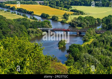 Die Ruhr bei Hagen, Eisenbahnbrücke, Mündung des Flusses Lippe in die Ruhr, grüne Ruhrlandschaft, hinten die Brücke der Autobahn A1 über die Ruhr, NRW, Stockfoto