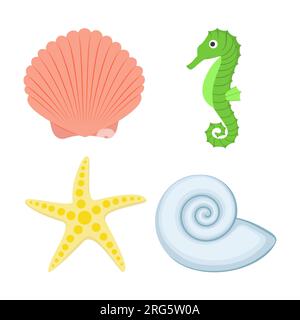 Vektordarstellung. Silhouetten aus Muscheln, Seepferdchen und Seesternen im Cartoon-Stil. Stock Vektor