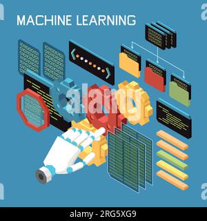 Maschinelles Lernen isometrische Zusammensetzung von Text und Roboterhand mit Symbolen von Code Gear und Ordnern Vektordarstellung Stock Vektor