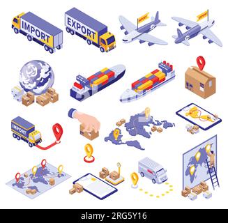 Isometrischer Import von Fracht Satz isolierter Symbole mit LKWs Flugzeuge Schiffe Positionsschilder und Routen Vektordarstellung Stock Vektor