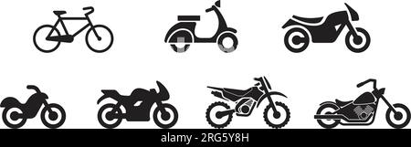 Einfacher Roller Moped Motorrad Motorrad Motorrad Fahrrad Silhouette Satz mit 7 Symbolvektoren in Seitenansicht isoliert auf weißem Hintergrund Stock Vektor