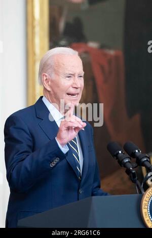 Washington, Usa. 07. Aug. 2023. Präsident Joe Biden veranstaltet am Montag, den 7. August 2023, eine Zeremonie der Houston Astros, um den Sieg der World Series 2022 im East Room des Weißen Hauses in Washington, DC, zu feiern. Foto: Bonnie Cash/UPI Credit: UPI/Alamy Live News Stockfoto