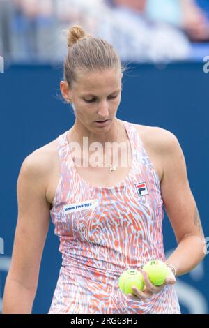 07. August 2023: Karolina Pliskova (CZE) während des Spiels der WTA National Bank Open in der ersten Runde im IGA-Stadion in Montreal, Quebec. Daniel Lea/CSM (Kreditbild: © Daniel Lea/Cal Sport Media) Stockfoto