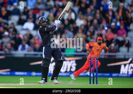 Manchester, Großbritannien. 07. Aug. 2023. Usama mir of Manchester Originals in Action während des Spiels Manchester Originals vs Birmingham Phoenix im Old Trafford, Manchester, Großbritannien, 7. August 2023 (Foto von Conor Molloy/News Images) in Manchester, Großbritannien, am 8./7. August 2023. (Foto: Conor Molloy/News Images/Sipa USA) Guthaben: SIPA USA/Alamy Live News Stockfoto