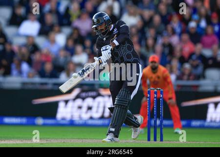 Manchester, Großbritannien. 07. Aug. 2023. Usama mir of Manchester Originals in Action während des Spiels Manchester Originals vs Birmingham Phoenix im Old Trafford, Manchester, Großbritannien, 7. August 2023 (Foto von Conor Molloy/News Images) in Manchester, Großbritannien, am 8./7. August 2023. (Foto: Conor Molloy/News Images/Sipa USA) Guthaben: SIPA USA/Alamy Live News Stockfoto