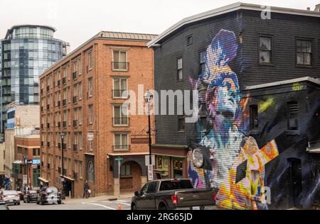 Wandgemälde an der Seite des Maxwell's Plum Restaurantgebäudes an der Grafton Street in Halifax Nova Scotia Stockfoto