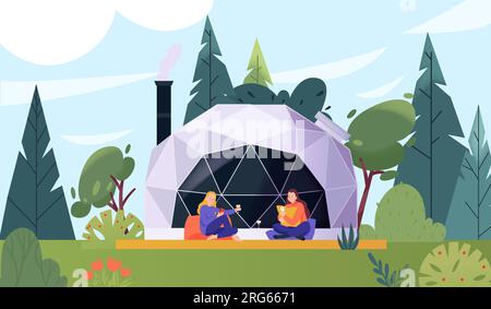 Glamouröses Flachkonzept mit Sitzplätzen vor der modernen Camping Lounge, Vektordarstellung Stock Vektor