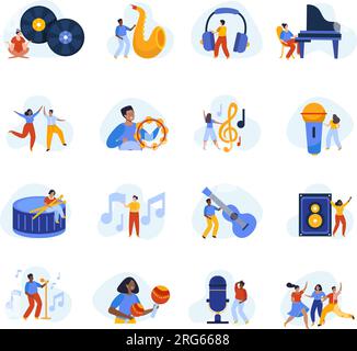 Musikschule Satz von flachen, isolierten Ikonen mit Menschen Musikinstrumente Notizen und professionelle Aufnahmegeräte Vektordarstellung Stock Vektor