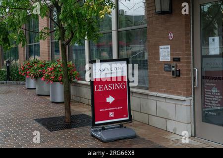 Blick auf die fertiggestellten Avalon Harrison Gebäude in der Nähe der Metro-North Station mit 143 erschwinglichen Einheiten und guter Anbindung an die Züge am Avalon Harrison Transit-Oriented Development in Harrison, NY, am 7. August 2023 Stockfoto