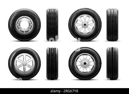 Vorder- und Seitenansicht der Fahrzeugräder mit verschiedenen Scheiben realistische Darstellung auf weißem Hintergrund mit isoliertem Vektor Stock Vektor