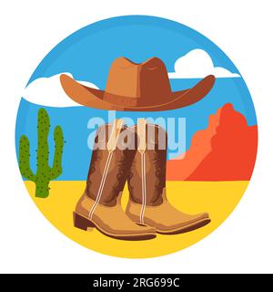 Rodeo. Amerikanische Cowboystiefel und Hut in einer Wüstenlandschaft im Westen Arizonas. Wild-West-Konzept. Vintage-Cowboy-Druck. Isolierter Vektor. Stock Vektor