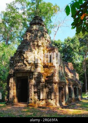 Geschichte erhalten: Ruinen des mittelalterlichen Khmer-Tempelkomplexes Preah Khan, ein Zeugnis der antiken Architektur und Denkmäler der Antike in Kambodscha. Stockfoto