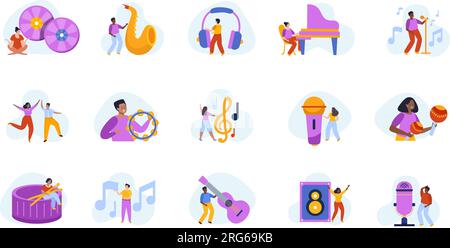 Musikschule mit flachen, isolierten Ikonen von Noten mit Instrumenten, Menschen und Audiogeräten, Vektordarstellung Stock Vektor