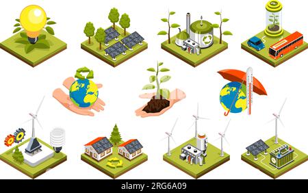 Isometrische Ikonen der Ökologie, die dem Motto „grüne Energie“, „sauberer Planet“ und „Öko-Zuhause“ gewidmet sind, isoliert auf weißem Hintergrund, Vektordarstellung Stock Vektor
