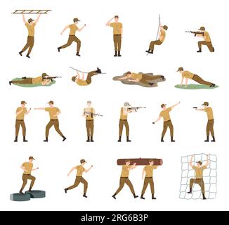Militärisches Training flaches Icon Set Soldaten machen Übungen Laufen Kampfschießen Krabbeln Vektordarstellung Stock Vektor