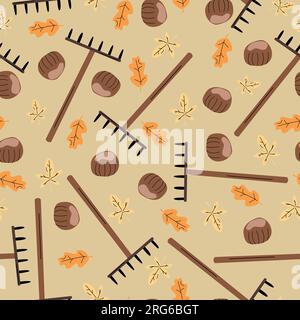 Nahtloses Herbstmuster mit Rechen, Kastanien und herbstlichen Eichenblättern. Stock Vektor