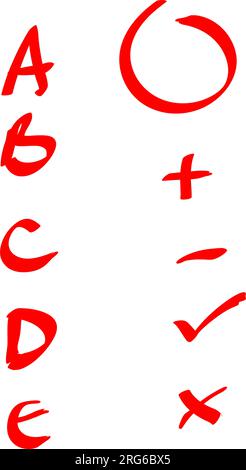 Untersuchungsergebnis eingestellt, handgezeichnete Buchstaben A F in Kreisen und do- und dont-Markierungen. Bildung Schule Grafik, rote Note von perfekt bis nicht gut, Vektor-Skizze Stock Vektor