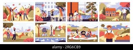 Herbst und Herbst mit Symbolen für Aktivitäten im Freien flache isolierte Vektorbeleuchtung Stock Vektor