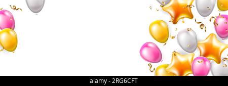 Horizontales Banner mit goldpinkfarbenen und silbernen Ballons für Feier und eine realistische Vektordarstellung im Hintergrund Stock Vektor