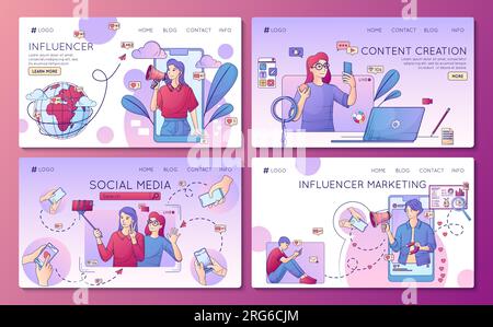 Influencer Marketing flache Reihe von Webseiten-Landing-Pages mit anklickbaren Links für Bilder und Textvektordarstellung Stock Vektor