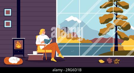 Herbstliche Hintergrundmusik mit Lektüre und gemütlichen Raumsymbolen, Flachvektorbeleuchtung Stock Vektor