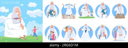 Gott-Vater-Komposition mit dem alten Mann in weißem Kleid Running Boy Dog und Kreise Sammlung Vektordarstellung Stock Vektor