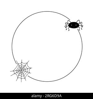 Spinnennetz und kleine niedliche Spinne runder Rahmen Einfache handgezeichnete Vektorumrisse Illustration von kritzeligen, schicken Halloween-Dekorationselementen, perfekt für Stock Vektor