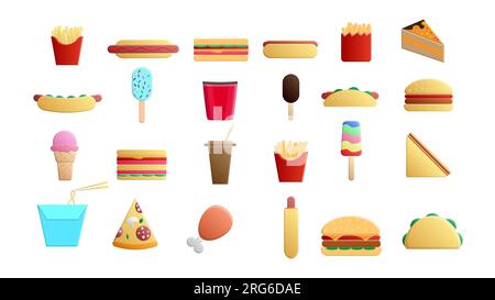 Set mit 28 Ikonen köstlicher Speisen und Snacks für ein Café-Bar-Restaurant auf weißem Hintergrund: Pommes Frites, Hot Dog, Sandwich, Kuchen, Eis, Stock Vektor