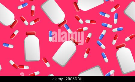 Endloses nahtloses Muster von medizinisch-wissenschaftlichen medizinischen Artikeln von pharmakologischen Gläsern für Pillen und Medizin Pillen Kapseln auf rosa Hintergrund. Vecto Stock Vektor