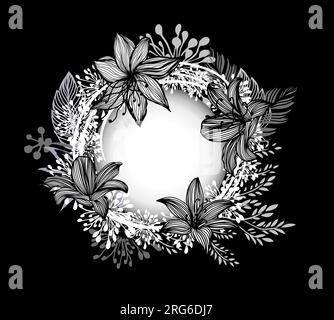 Runder einfarbiger Grafikrahmen mit Blumen. Vektordarstellung Stock Vektor