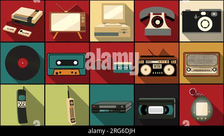 Ein Satz einfacher flacher Symbole mit langen Schatten aus alter Retro-Hipster-Elektronik, Mobiltelefonen, Kameras, Audiorecordern, Kassetten, Computer, Vin Stock Vektor