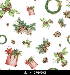 Sammlung von Aquarell-Postkarten mit Weihnachten und Winter. Poinsettia, Holly, Weihnachtsbaumspielzeug, Weihnachtssymbole. Geeignet für das Design von Pfosten Stockfoto