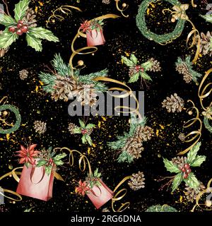 Sammlung von Aquarell-Postkarten mit Weihnachten und Winter. Poinsettia, Holly, Weihnachtsbaumspielzeug, Weihnachtssymbole. Geeignet für das Design von Pfosten Stockfoto