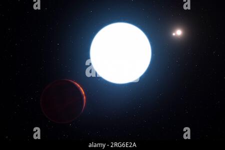 Das Dreisternsystem HD 131399 aus der Nähe des riesigen Planeten, der im System umkreist. Stockfoto