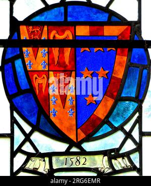 Stanhoe Kirche, Norfolk, Arms of Edward Seymour of Berry Pomeroy, Devon, 1582, Buntglasfenster, Heraldry, Heraldic Schild Gerät, England Stockfoto