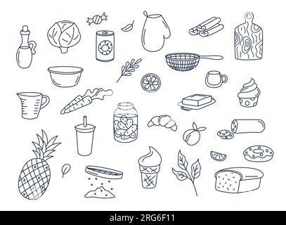 Kochen von Kritzeleien Vektorsatz isolierter Elemente. Süße Doodle Illustrations Sammlung von Utensilien, Küchenutensilien, Essen, Essenszutaten, Küche Stock Vektor