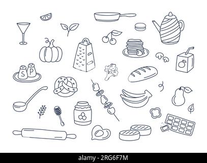 Lebensmittel und Küchenartikel Kritzeleien Vektorsatz isolierter Elemente. Kochen Doodle Illustrationen Sammlung von Utensilien, Essenszutaten, Küchengegenständen. Stock Vektor