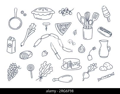 Kulinarische Kritzeleien Vektorset isolierter Kochelemente. Doodle Illustrations Sammlung von Utensilien, Küchenutensilien, Lebensmitteln, Zutaten, Küchengegenständen Stock Vektor