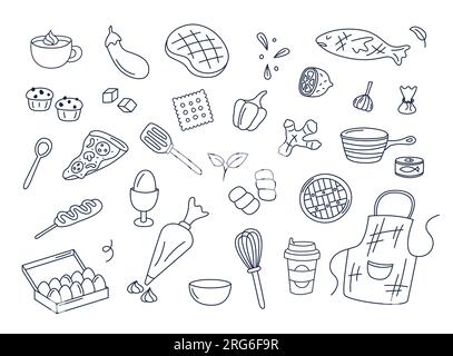 Kochen von Kritzeleien Vektorsatz isolierter Elemente. Niedliche Doodle Illustrations Sammlung von Utensilien, Küchenutensilien, Essen, Essenszutaten, Küchengegenständen Stock Vektor