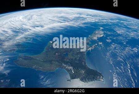 Blick aus dem All auf Neuseelands Nordinsel. Stockfoto