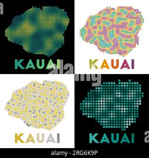 Landkarte von Kauai. Kartensammlung von Kauai im gepunkteten Stil. Die Inselgrenzen sind mit Rechtecken für Ihr Design gefüllt. Vektordarstellung. Stock Vektor