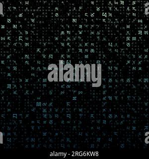 Digitaler Hintergrund. Zufallsbuchstaben des tibetischen Alphabets. Gradientenmatrixmuster. Dunkle, mintfarbene Hintergründe. Horizontal kachelbar. Stock Vektor