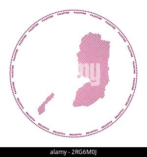 Palästinensisches Rundlogo. Die digitale Form Palästinas im gepunkteten Kreis mit dem Ländernamen. Technisches Symbol des Landes mit abgestuften Punkten. Künstlerische Vec Stock Vektor